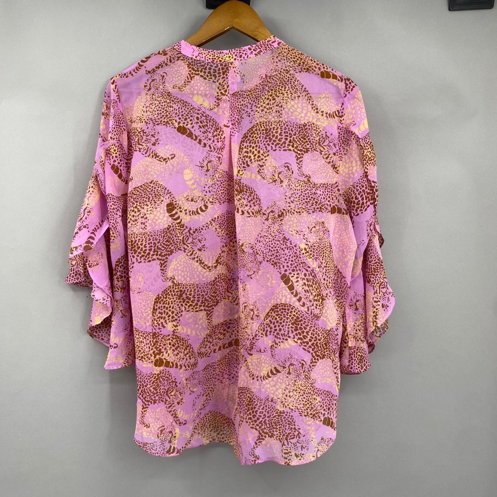 Cabi Cheetah Blouse Women Large Pink Linx Leopard Print Ruffle Sleeve Sheer 5711 - Picture 7 of 15